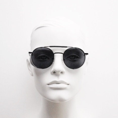 90s vintage round goggle sunglasses. All metal plain black frame with folding perforated side blinkers. Spoilers. Steampunk. Cosplay. NOS