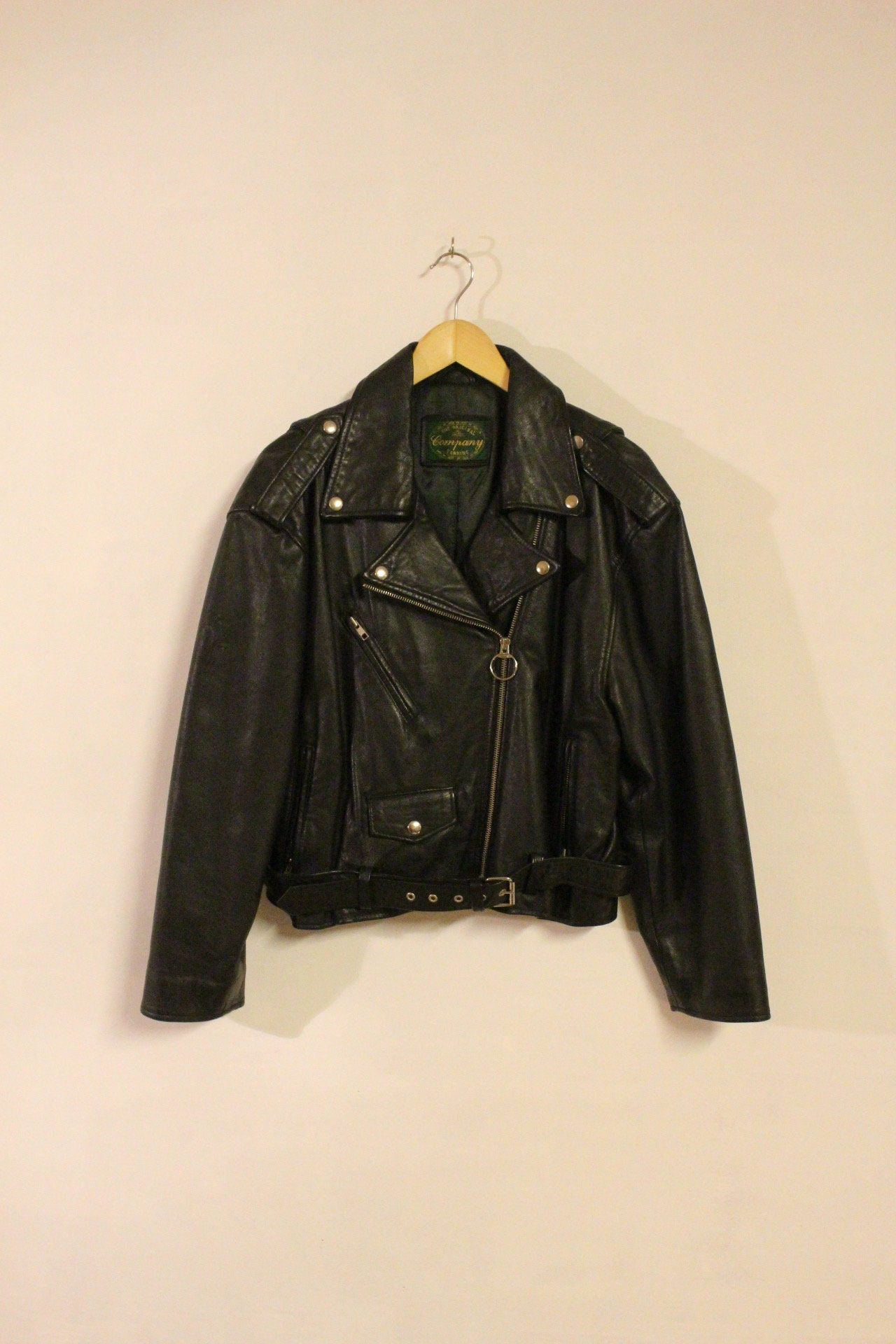 80s Vintage black motorcycle jacket with hand painted Frankenstein. Genuine leather biker with unique one off Boris Karloff design