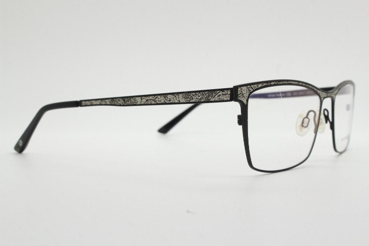 William Morris London rectangular eye glasses. Black matt flat metal optical frames with ornate silver pattern. Prescription RX eyeglasses.