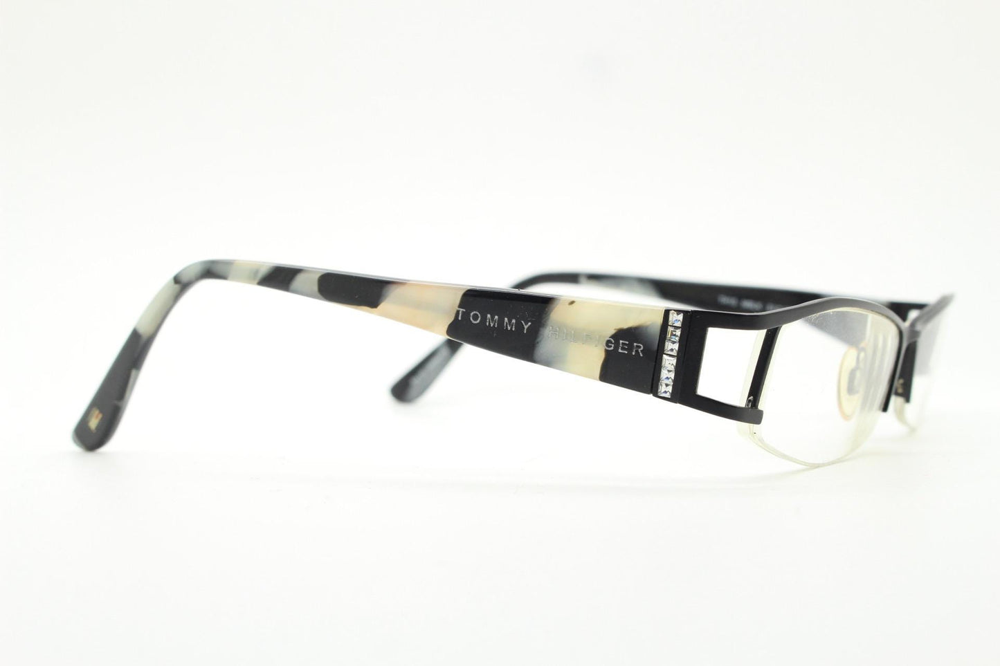Tommy Hilfiger vintage eye glasses. Black and white marbled acetate optical frame with diamante. Prescription eyeglasses. RX spectacles. 90s