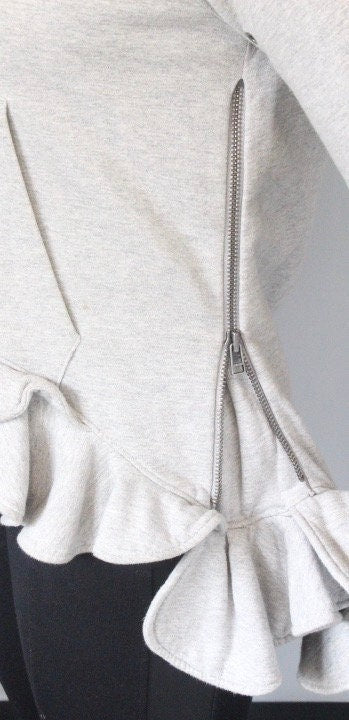 Valentino for Gap vintage Y2K pullover hoody. Grey cotton sweat top with cascading frilled edge and tail. 2000s designer collab