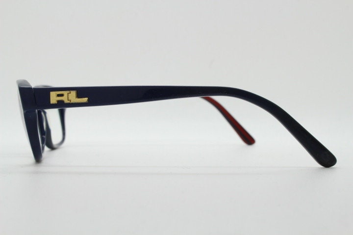 Ralph Lauren rectangular eye glasses model 6119. Navy blue acetate optical frame with red interior. Prescription eyeglasses. RX spectacles