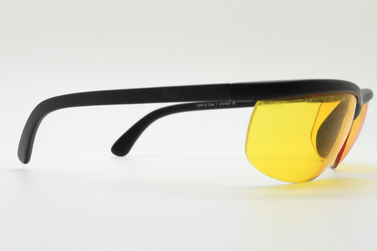 90s vintage half frame shield sunglasses. Thick matt black wrap around brow with intense orange bug eye lenses. Rave fashion grail. NOS