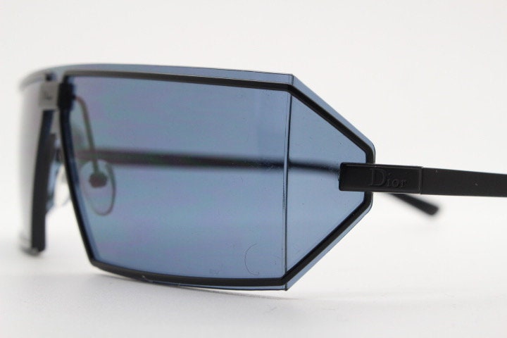 Christian Dior Y2K vintage rectangular shield sunglasses made in Austria. Side blinker all black mono lens mini mask. Troika visor. NOS