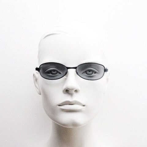 90s vintage oval small bug eye sunglasses. Curved grey satin finish solid metal frame. Rave. Steampunk. Unused NOS