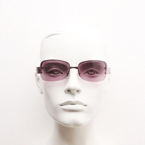 Y2K vintage big rectangular sunglasses. Half frame 2000's wrap around with purple curved lenses and matching purple chrome trim. 00's
