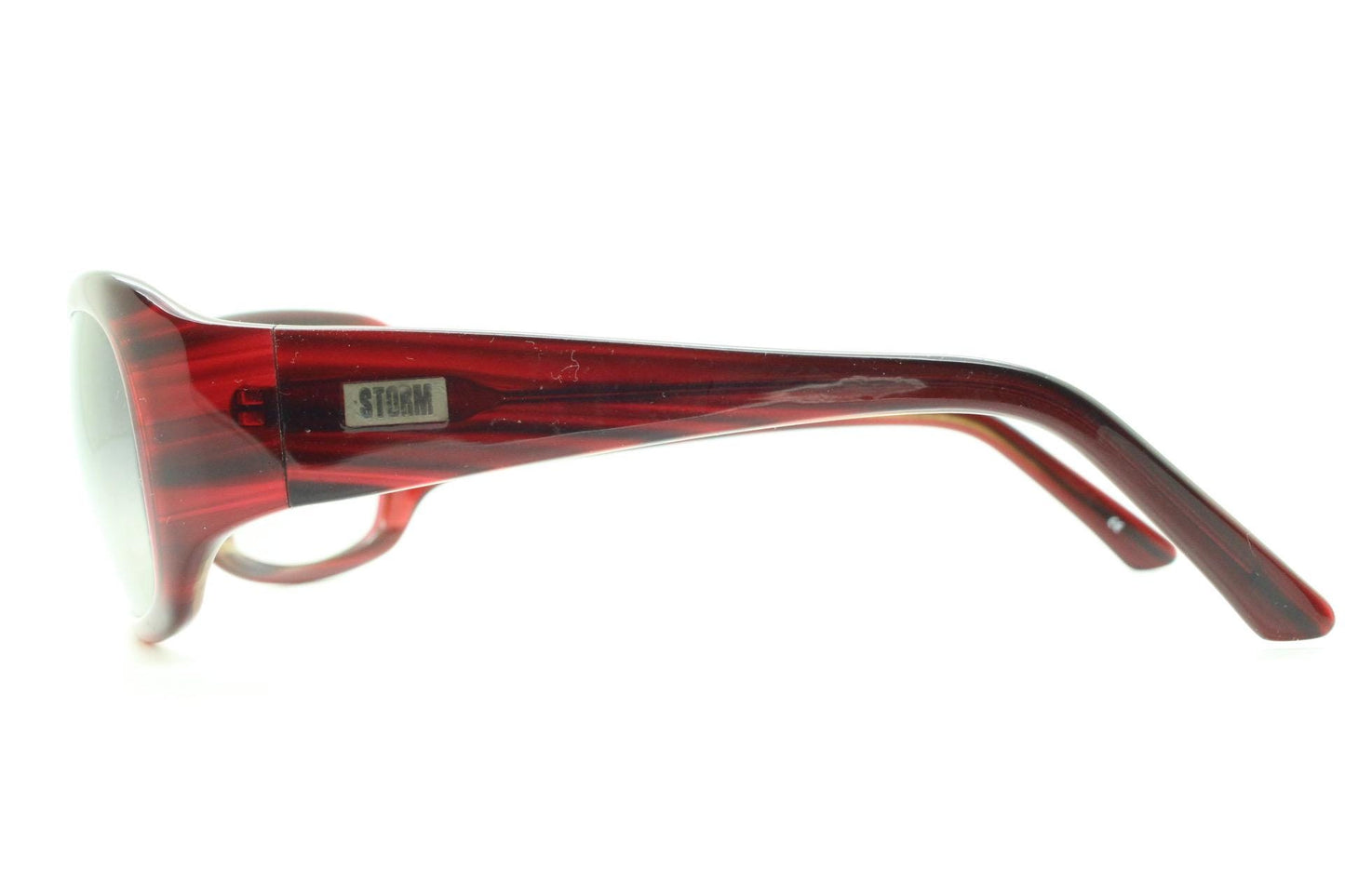 Y2k vintage wrap around large bug eye sunglasses. Curved red acetate shield frame with light tone lenses. 1960s bug eye design. 2000's NOS