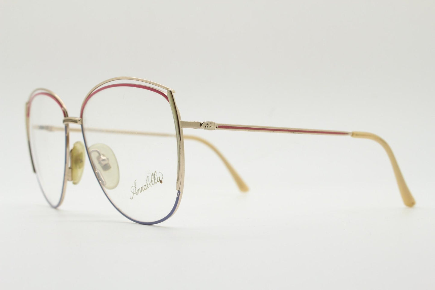 80s vintage gold metal eye glasses made in Italy by Annabella. Inventive double brow with pink highlights. Optical frame. Prescription NOS