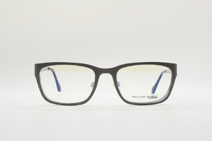 William Morris London rectangular eye glasses. Grey flat metal optical frames with textured check surface. Prescription RX eyeglasses