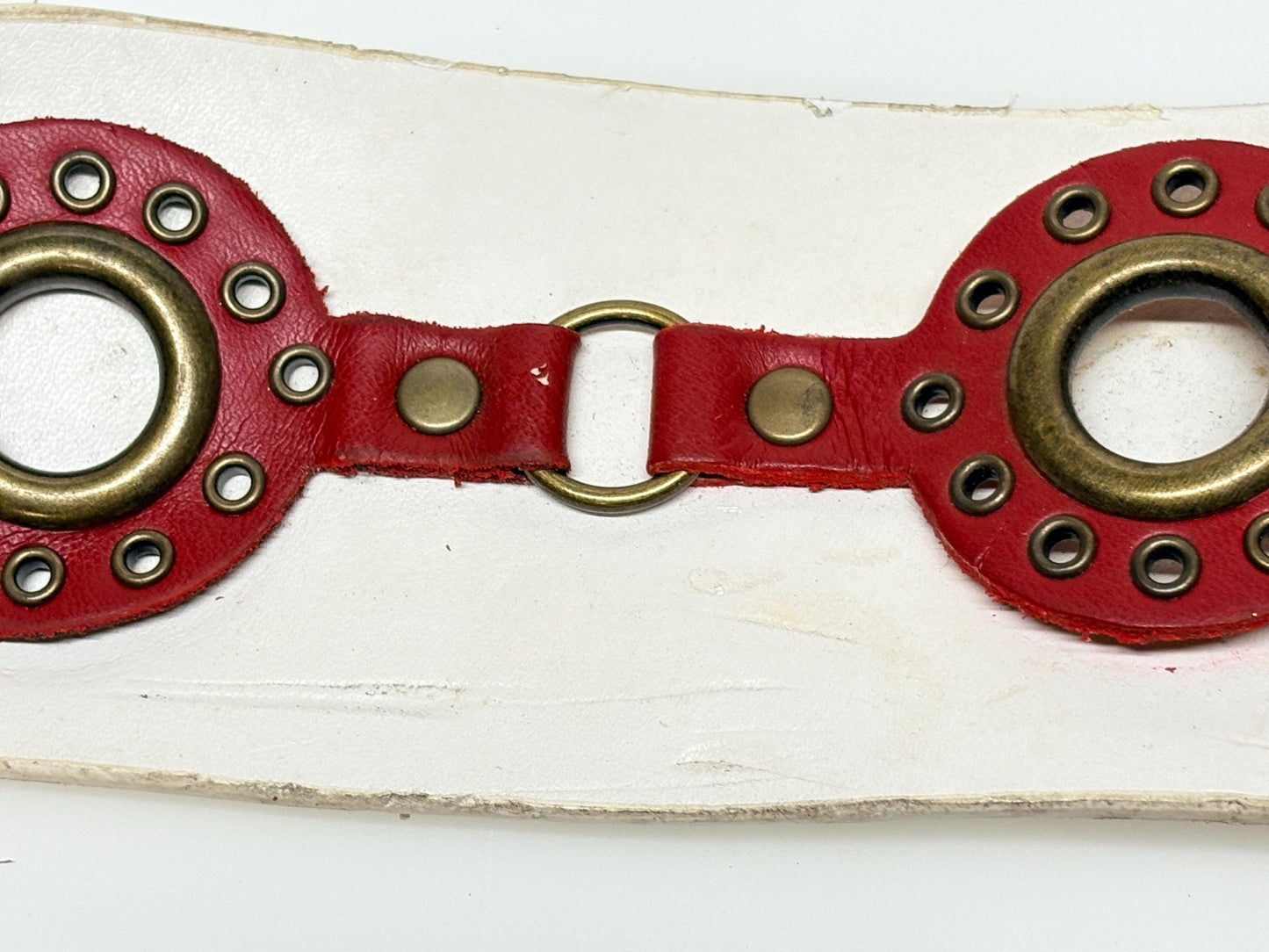 Y2K vintage womens white dress belt with red 'telephone dial' circles applique. Genuine 2000s with brass trims and buckle. NOS