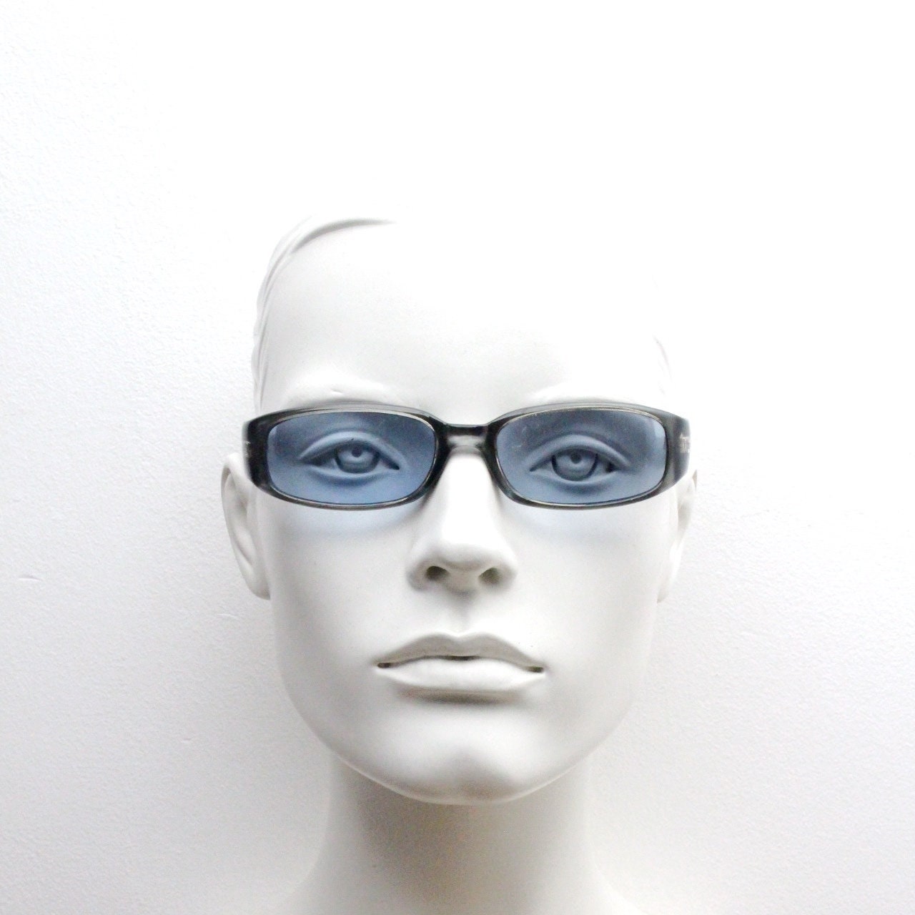 Y2K vintage rectangular shield sunglasses. Purple front, black arms blue lens combo. Visor style wrap around pearlised frame. NOS. 2000s