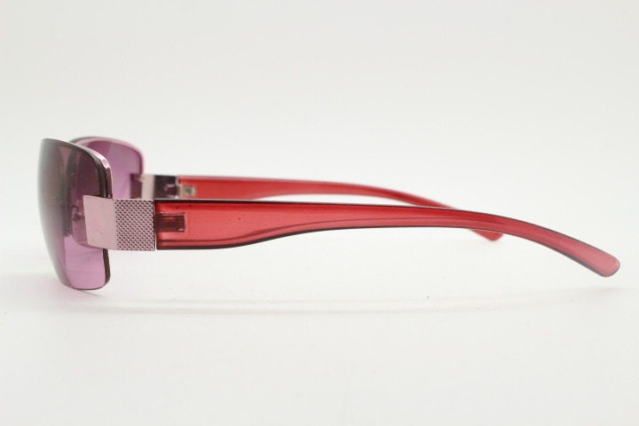 Y2K vintage big rectangular sunglasses. Half frame 2000's wrap around with purple curved lenses and matching purple chrome trim. 00's