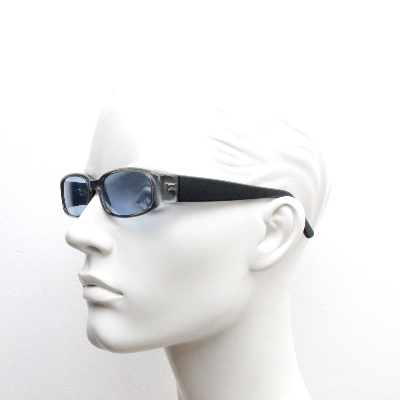 Y2K vintage rectangular shield sunglasses. Purple front, black arms blue lens combo. Visor style wrap around pearlised frame. NOS. 2000s