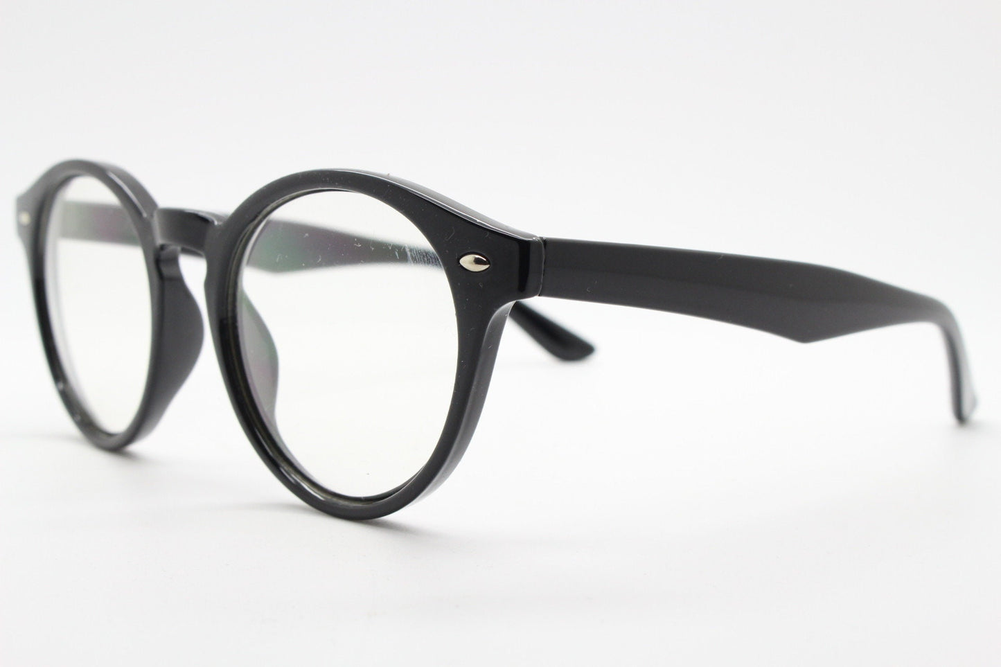 90s vintage black rounded wayfarer style glasses. Black gloss optical frames with clear lenses. Prescription eyeglasses. RX spectacles