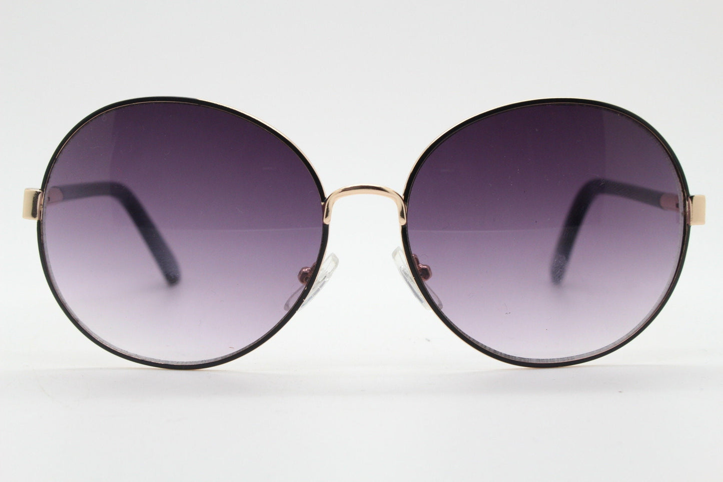 2000s vintage round metal sunglasses, Tasteful enamelled black on gold combo with gradient lenses. Unused BNWT panto. Y2K NOS