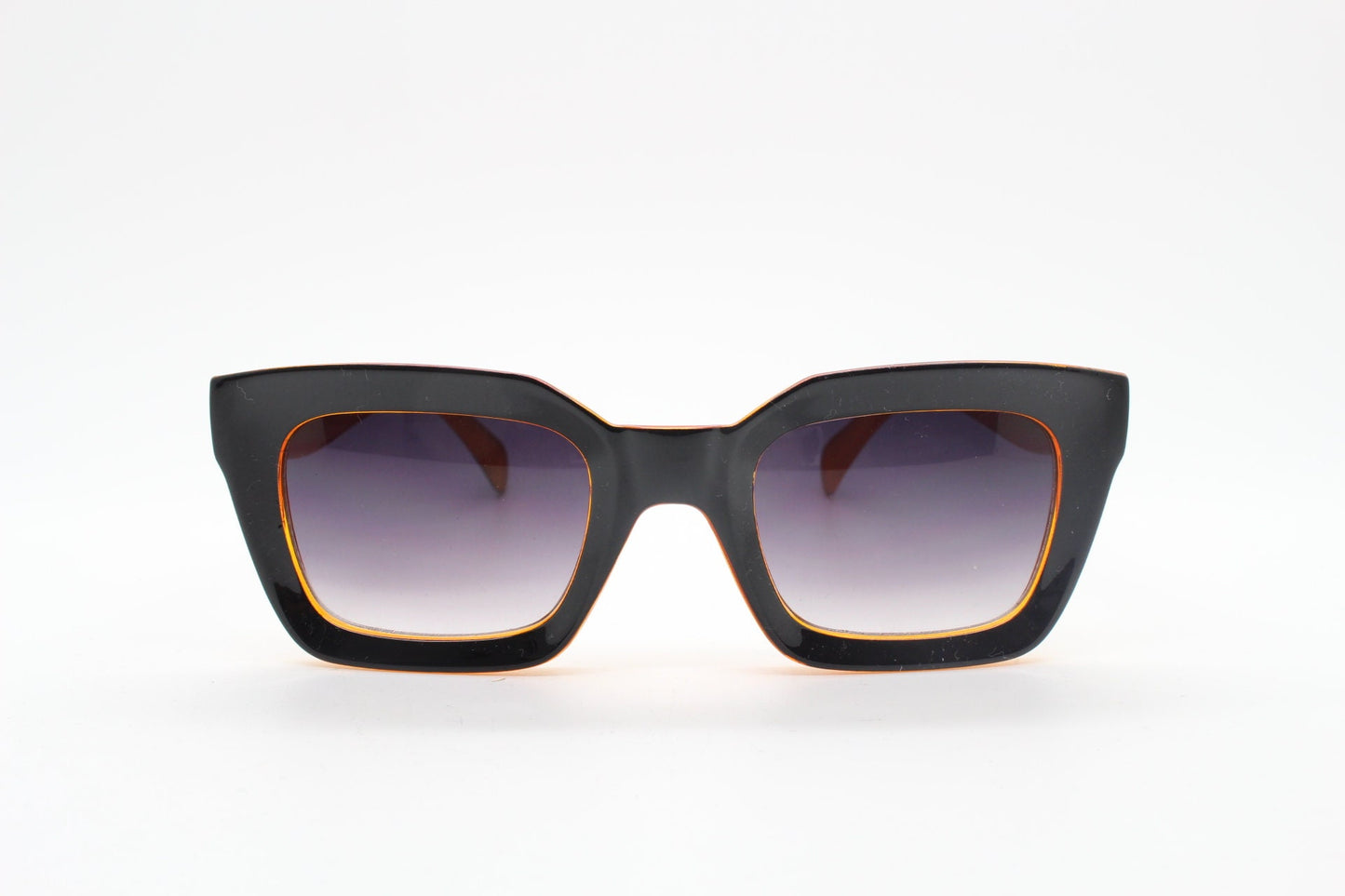 Y2K vintage rectangular cat eye sunglasses. Women's thick black and orange 60s style frame with graduating smoky lenses. 2000s BNWT