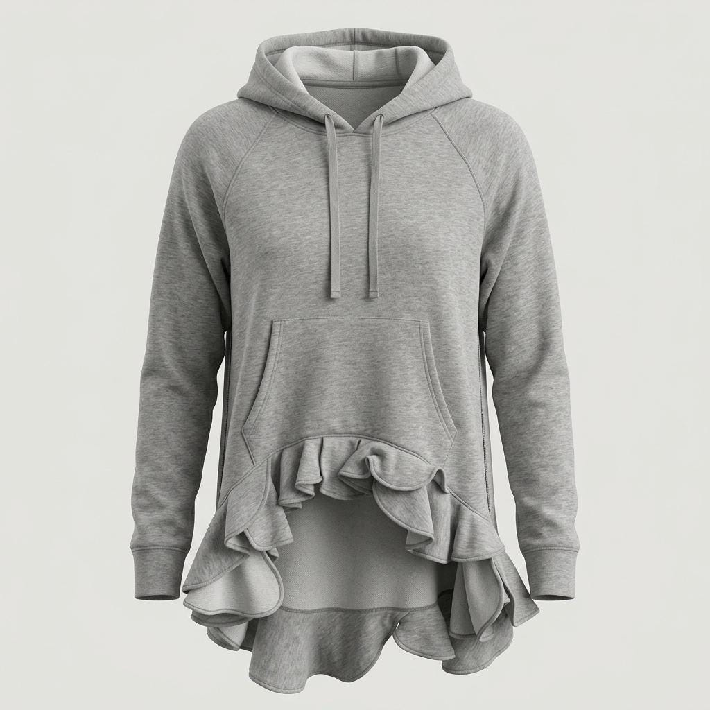 Valentino for Gap vintage Y2K pullover hoody. Grey cotton sweat top with cascading frilled edge and tail. 2000s designer collab