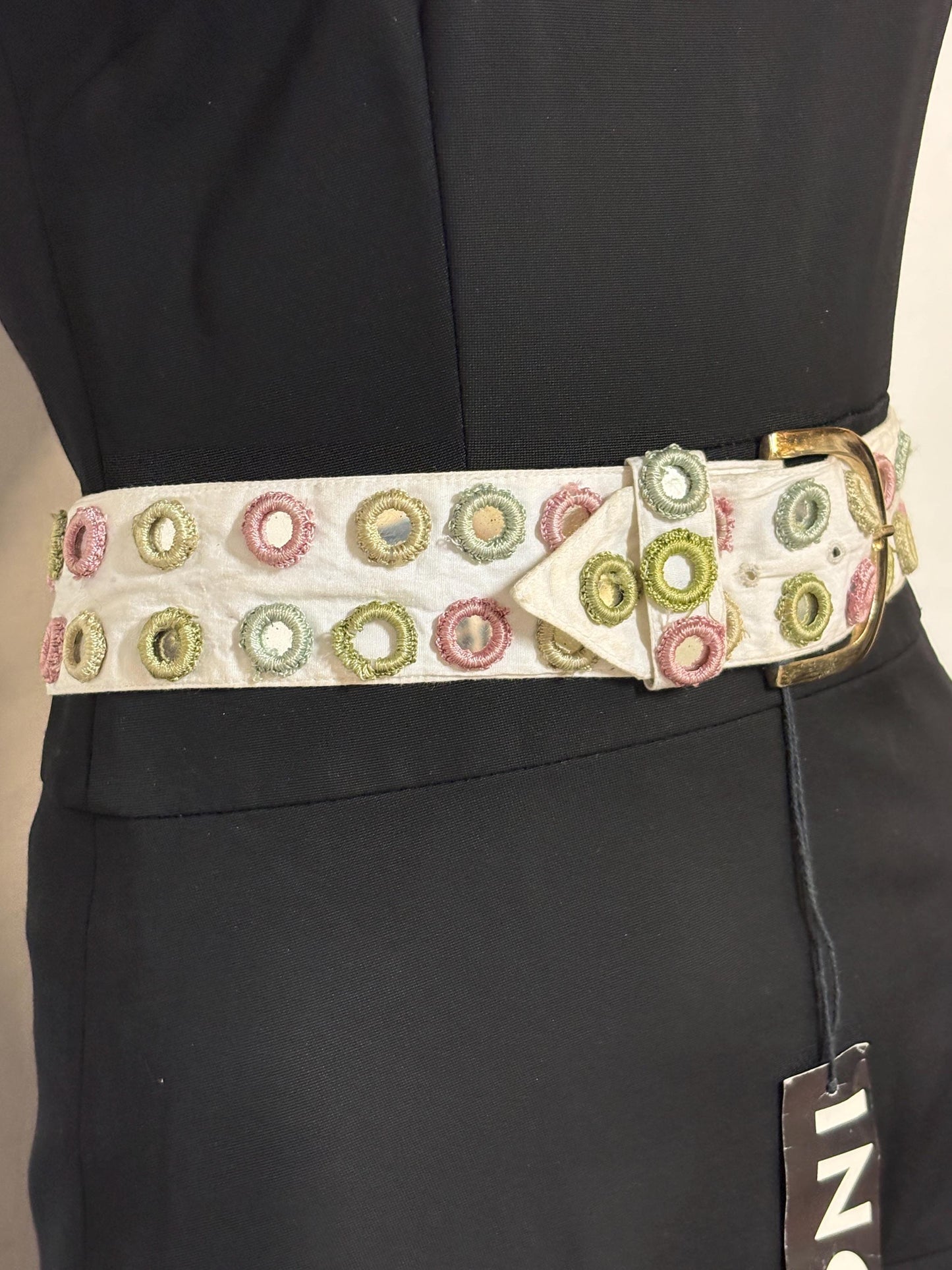 Y2K vintage womens dress belt by Stephanie Hirsch. White with pink and green embroidered little frames around mirror circles. 2000s. BNWT