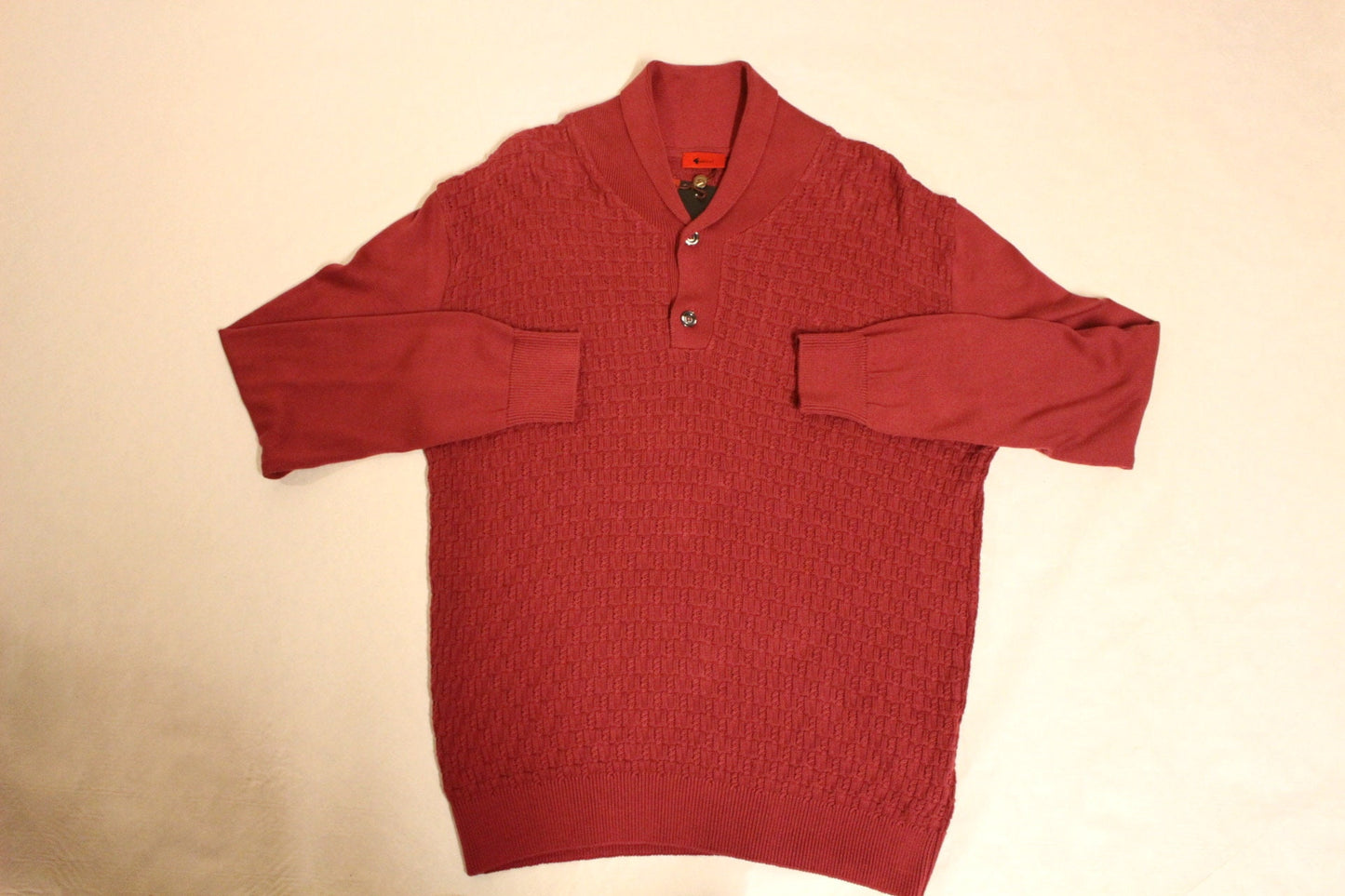 Gabicci vintage waffle knit pullover jumper with small buttoned shawl collar. Mens red sweater. Size XL. NOS clearance item -rrp 80 GBP
