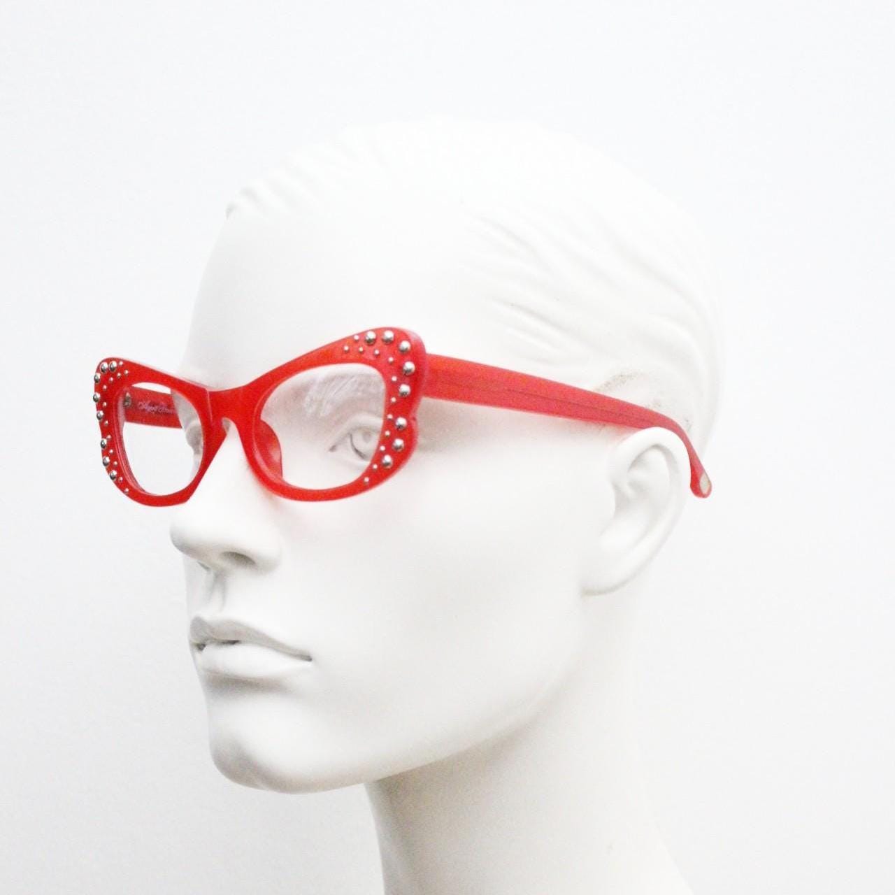 Agent Provocateur cat eye glasses made in Japan  Linda Farrow. Studded red optical frame. Luxe Gallery Projects. Vintage. NOS Full Set