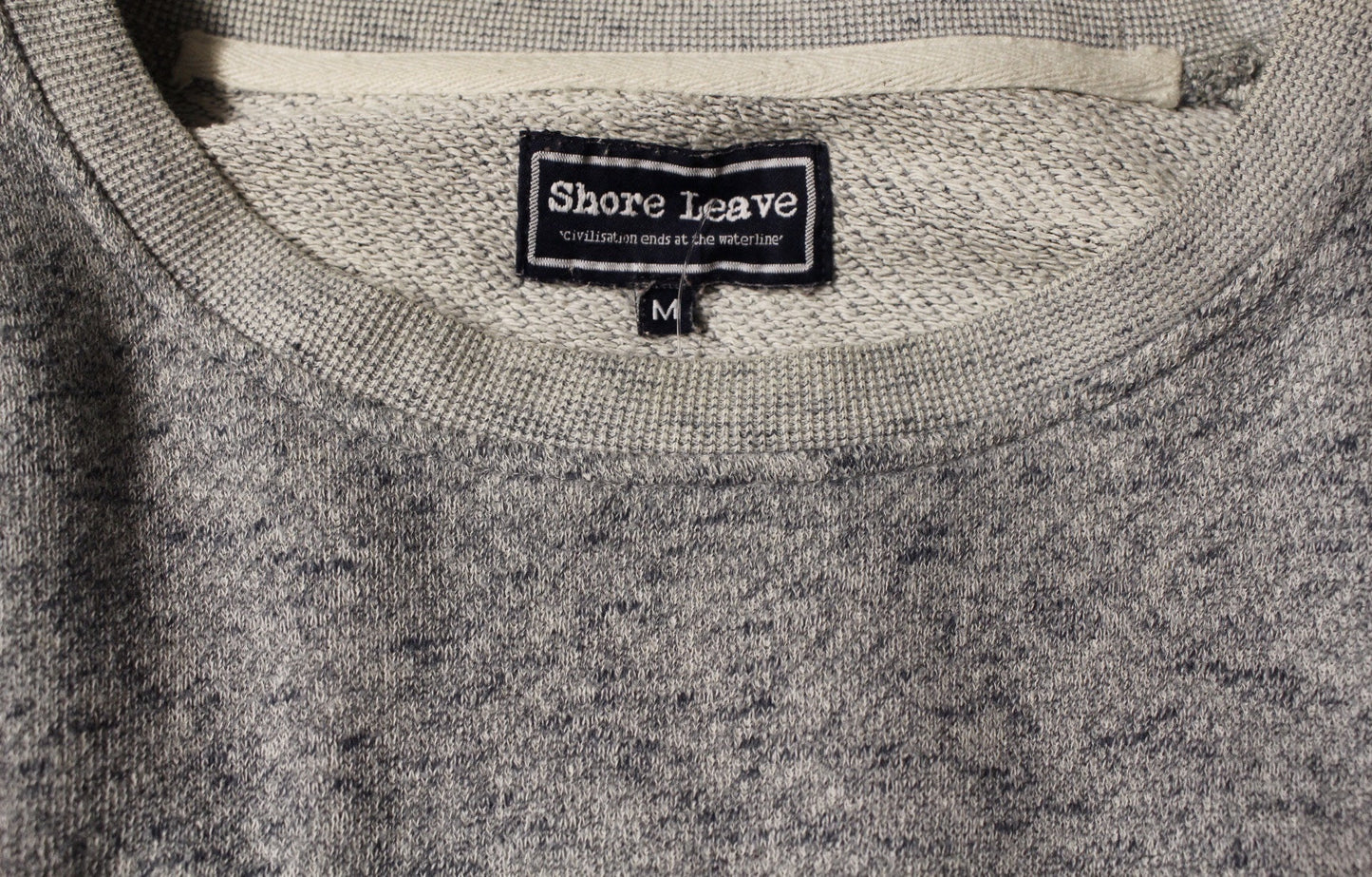 Shore Leave grey fleck long sweatshirt. Crew neck pullover with outside chest pocket. Pure cotton round neck mens jumper