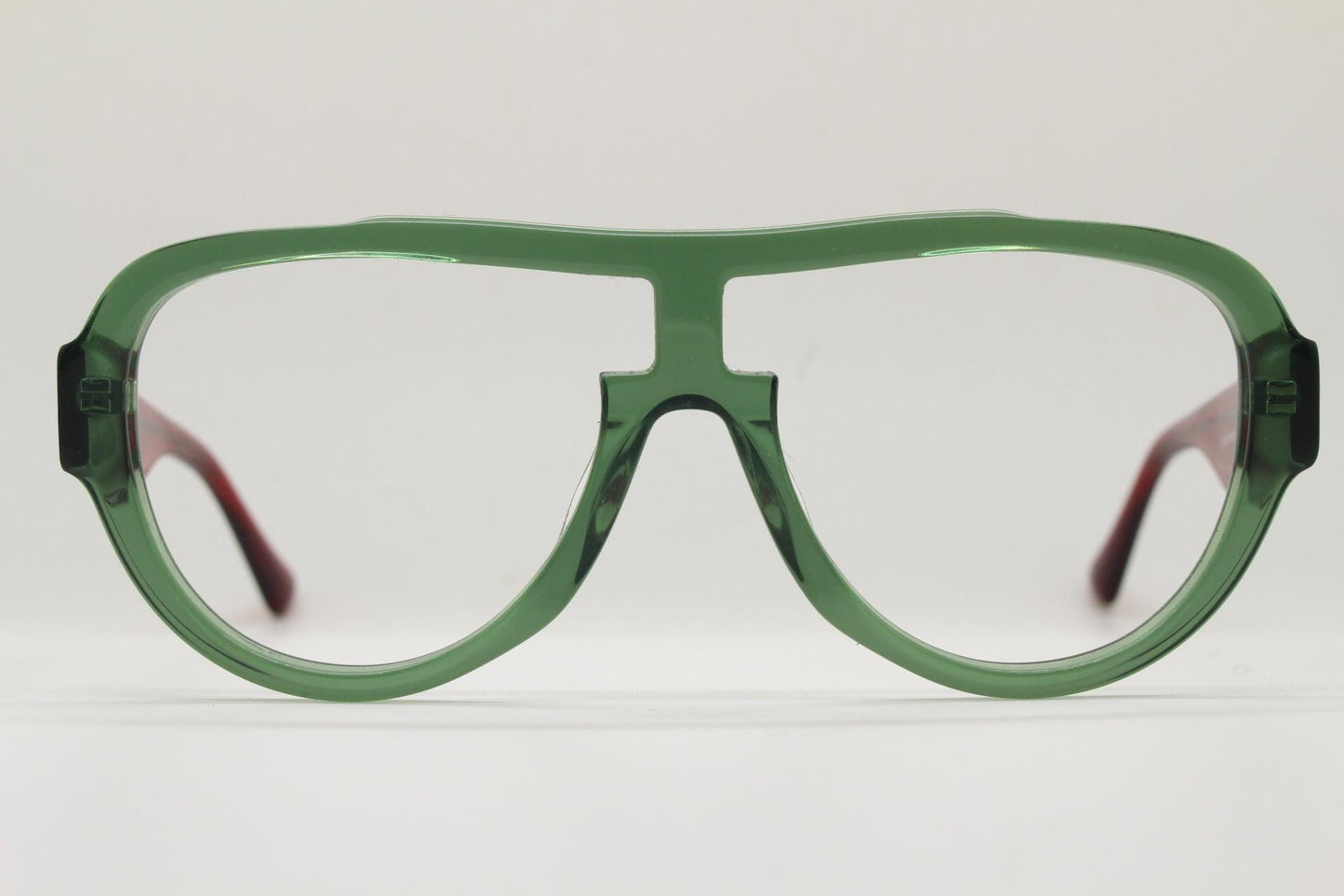 Modified acetate aviator eye glasses in dynamic transparent red and green. Optical frame. Prescription eyeglasses. RX spectacles. Vintage