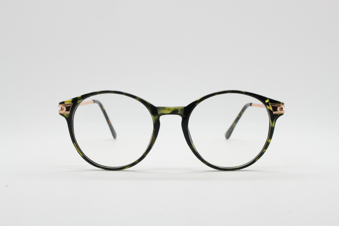90s vintage round glasses with tortoise front and gold embossed arms. 40s, 50s style prescription optical frames. Clear lens eyeglasses. RX