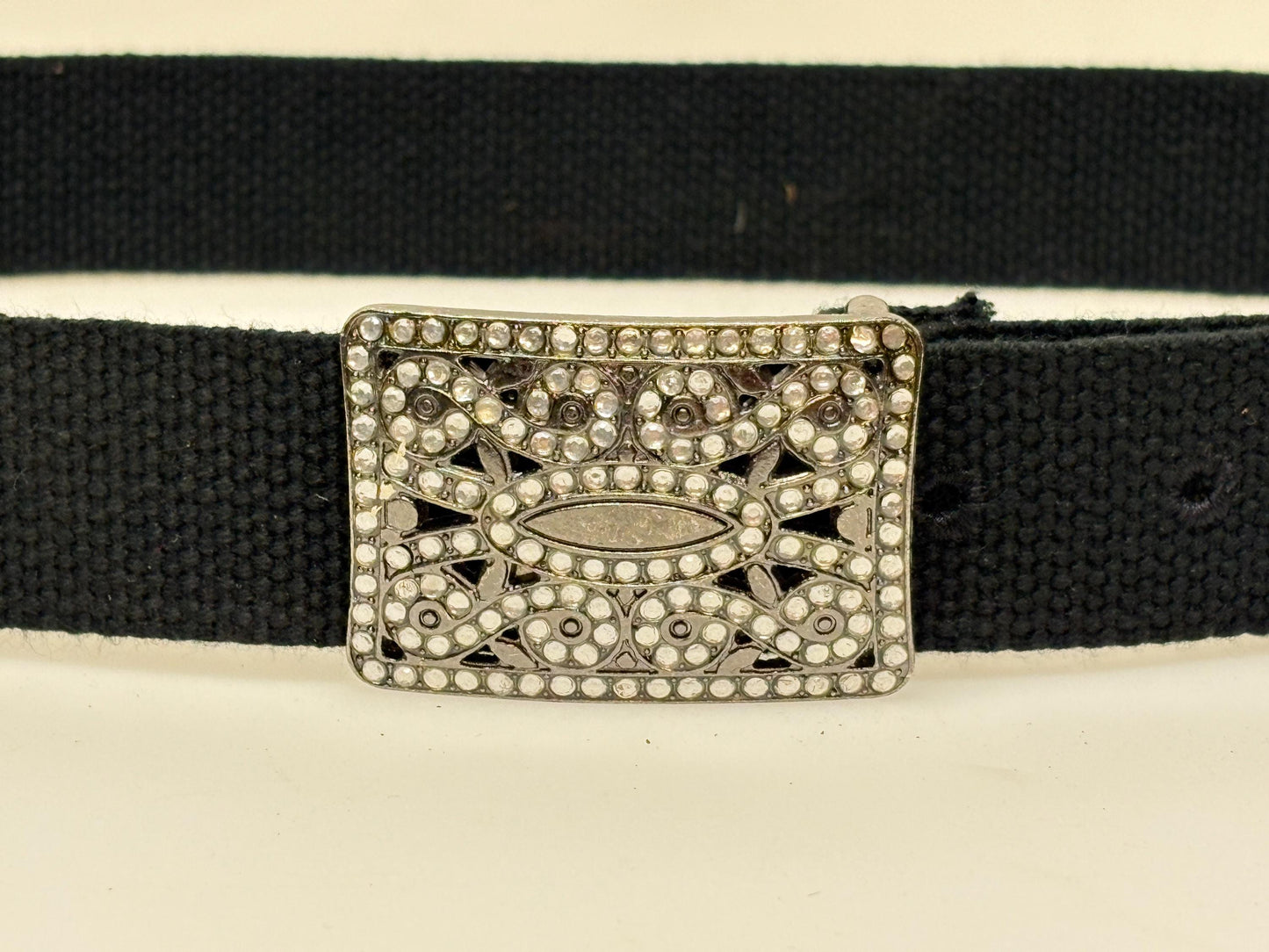Y2K vintage canvas black army style belt with gunmetal grey buckle with ornate diamante pattern. 2000s ice bling. Rhinestone. Unused NOS