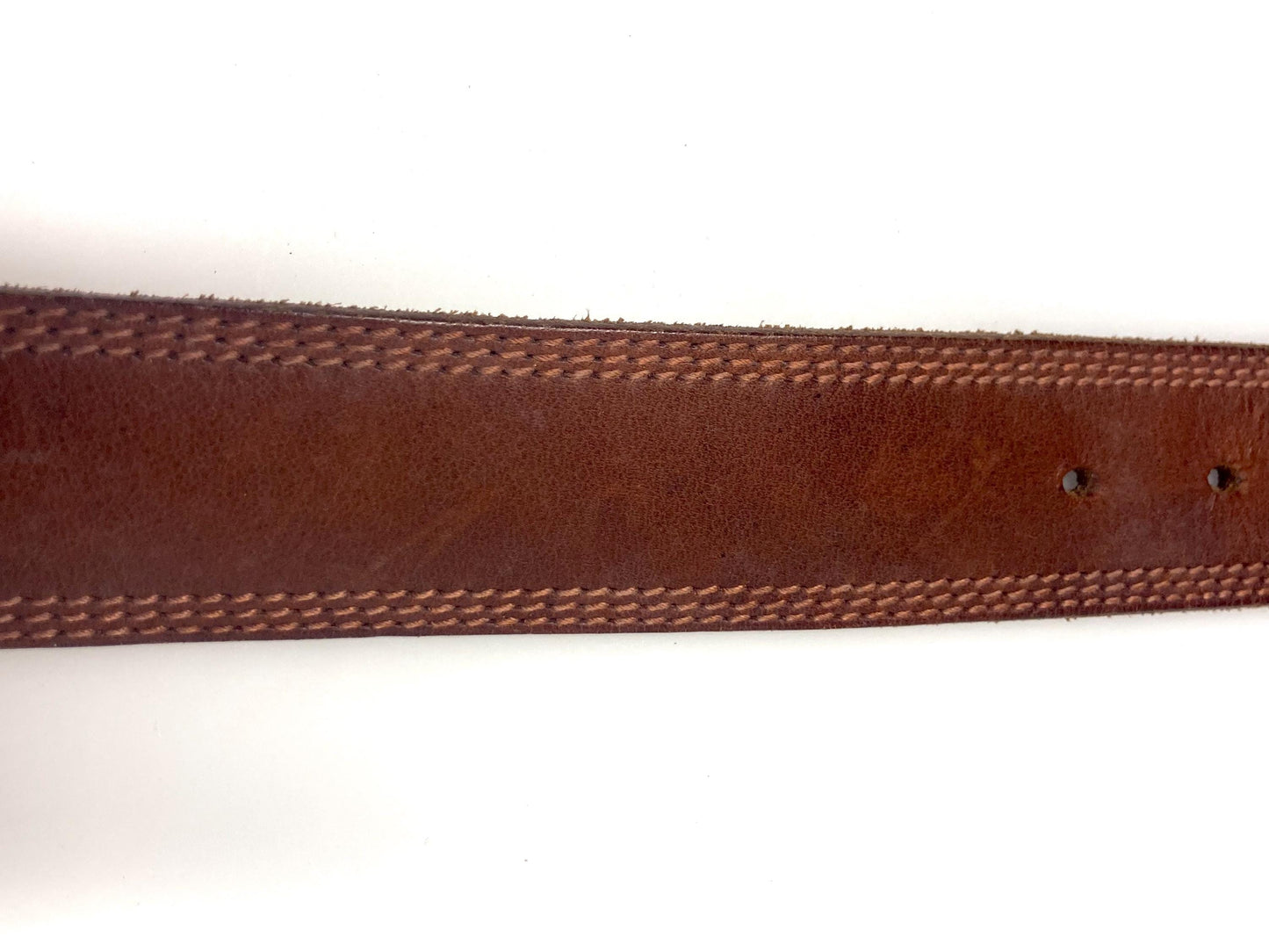 80s vintage jeans or trousers belt with brass buckle. Tan brown substantial single cut genuine leather construction with triple stitching