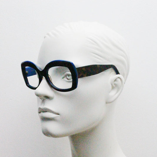 Traction Productions thick oversized eye glasses made in France. Substantial blue and  tortoise acetate optical frame. Prescription. Vintage