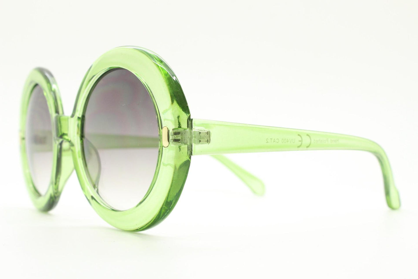 Y2k vintage oversized round green sunglasses. Women's big 60s mod design transparent frame with smoky black gradient lenses. Unused BNWT