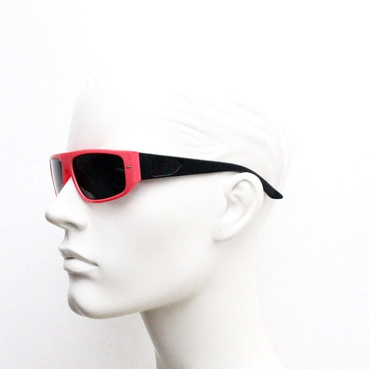 80s vintage 2 tone sunglasses. Aerodynamic flat top shield style wrap around frame in pink and black with real glass lenses. Unused NOS