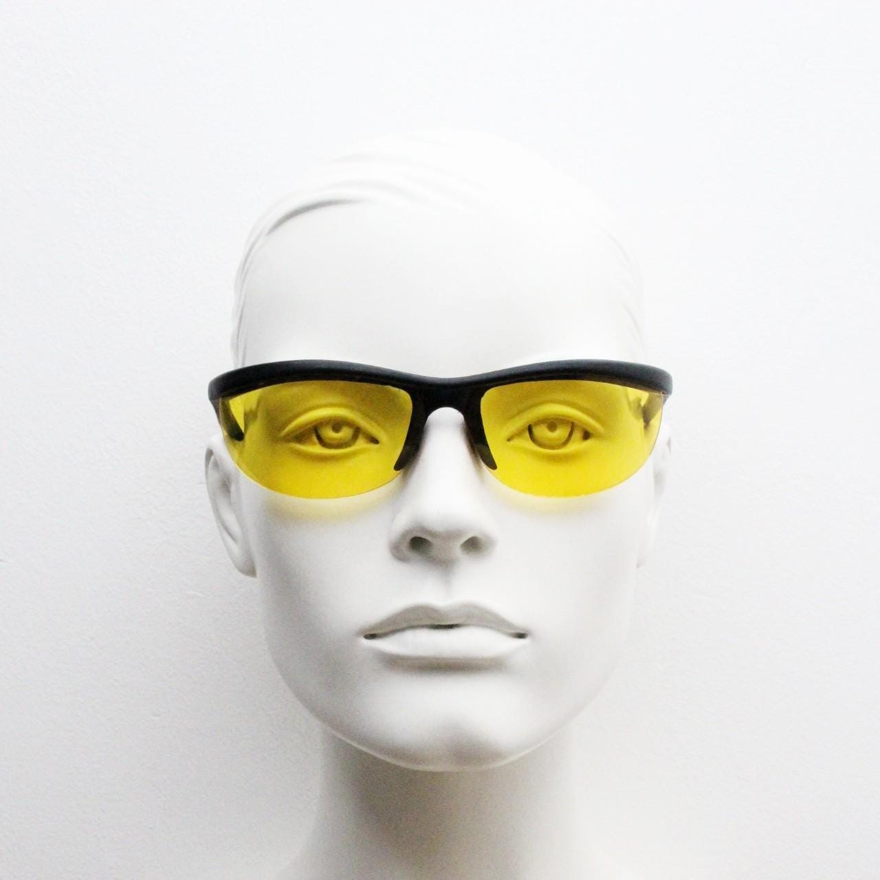 90s vintage half frame shield sunglasses. Thick matt black wrap around brow with intense orange bug eye lenses. Rave fashion grail. NOS