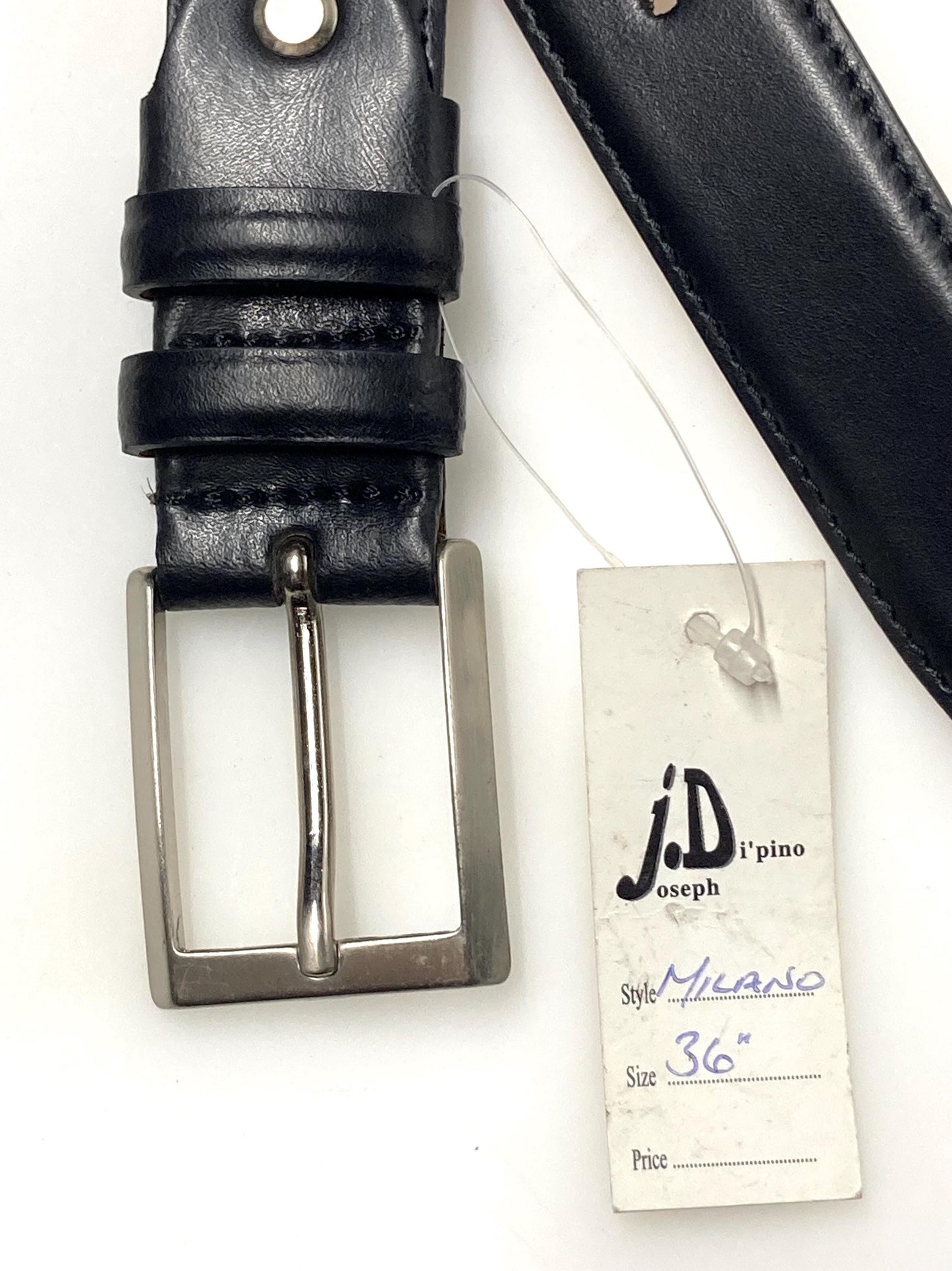 90s vintage black genuine leather belt made in Italy by Joseph Di Pino. Minimal straightforward design with stitched sides. BNWT