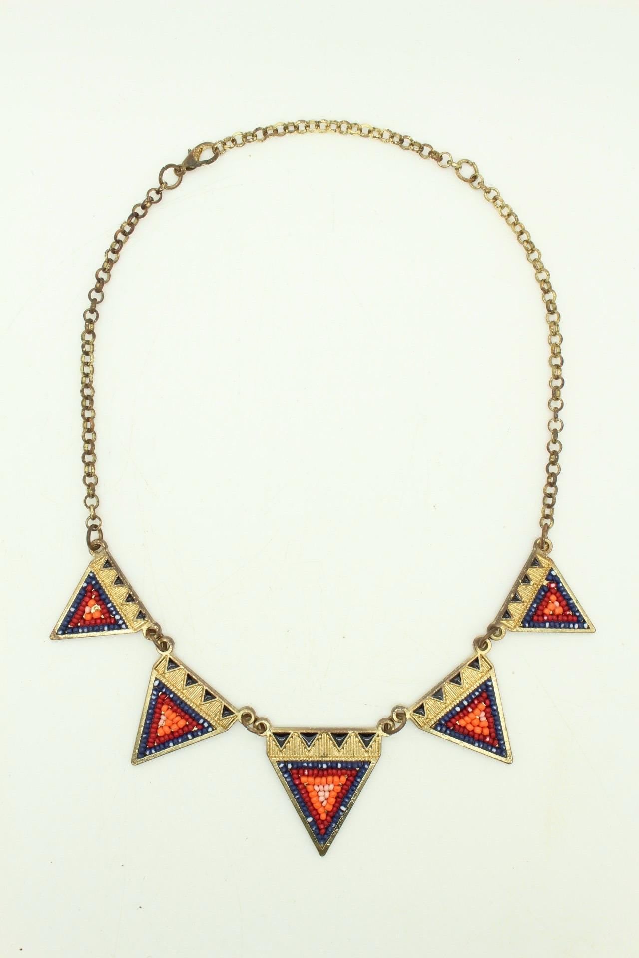 80s vintage gold triangles necklace. Aztec style with multi coloured bead inlays and ornate patterns. Womens statement design