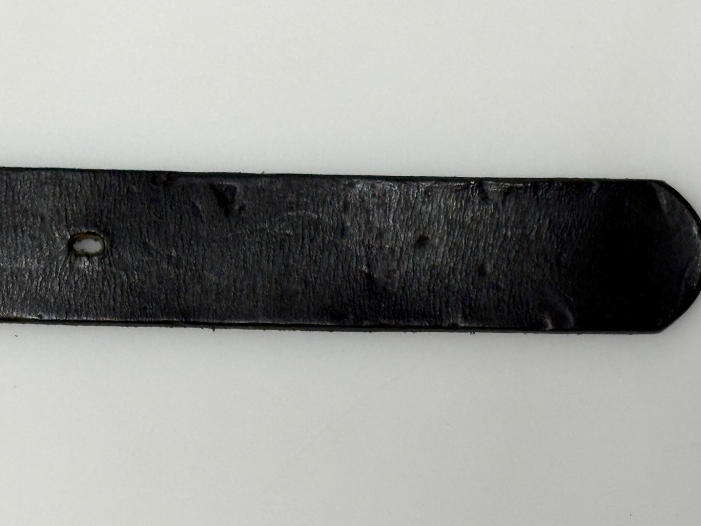Armand Basi 90s vintage thick black genuine leather belt with distressed wide rectangular metal logo buckle. Single piece cowhide. Mens