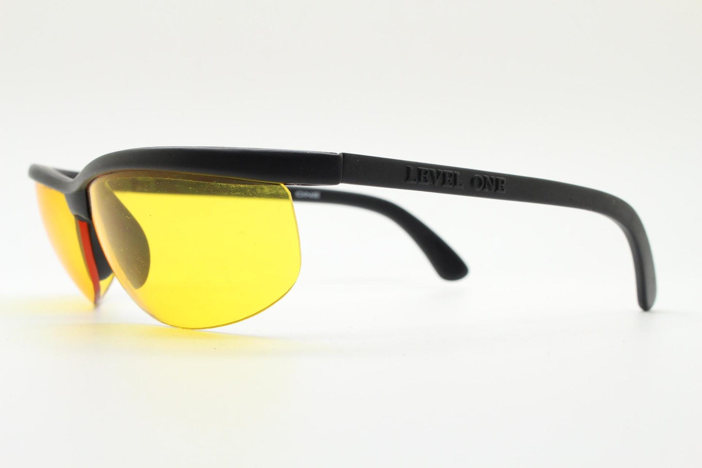 90s vintage half frame shield sunglasses. Thick matt black wrap around brow with intense orange bug eye lenses. Rave fashion grail. NOS