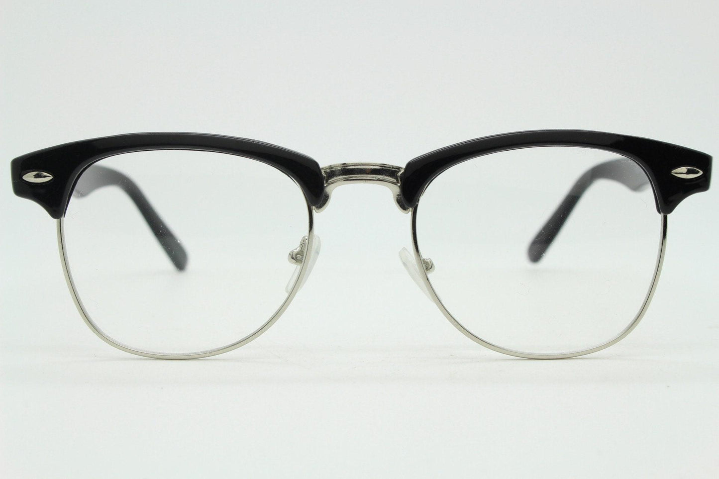 90s vintage black half frame eye glasses. Black gloss browline with silver wire rim frame and clear lenses. Classic 50s, 60s design. NOS