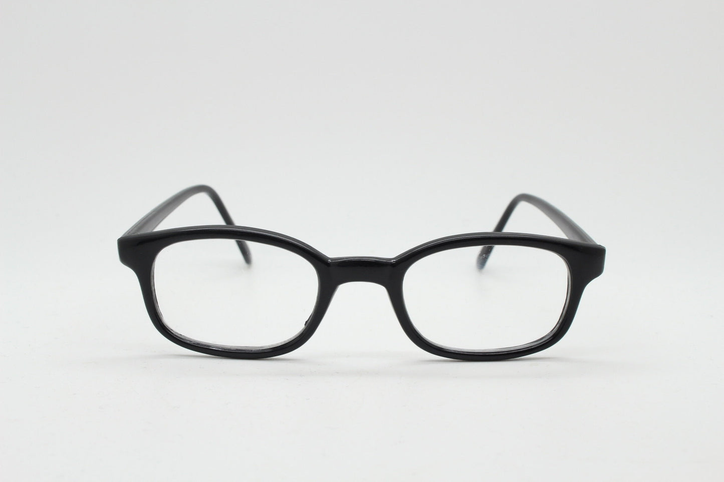 80s vintage low profile wayfarer style glasses. Black acetate optical frames with clear lenses. Prescription eyeglasses. RX Spectacles. NOS