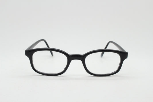 80s vintage low profile wayfarer style glasses. Black acetate optical frames with clear lenses. Prescription eyeglasses. RX Spectacles. NOS
