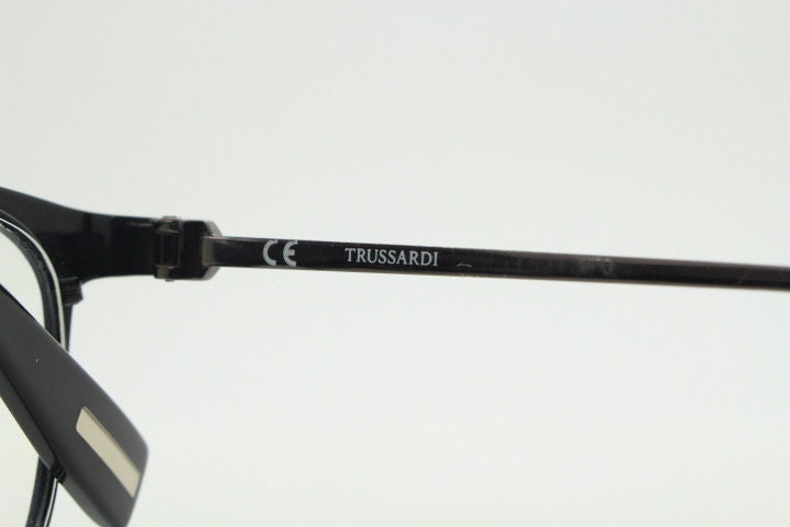 Trussardi modified cat eye glasses model VTR023. Womens flat black and gunmetal grey optical frame. Prescription. Vintage spectacles