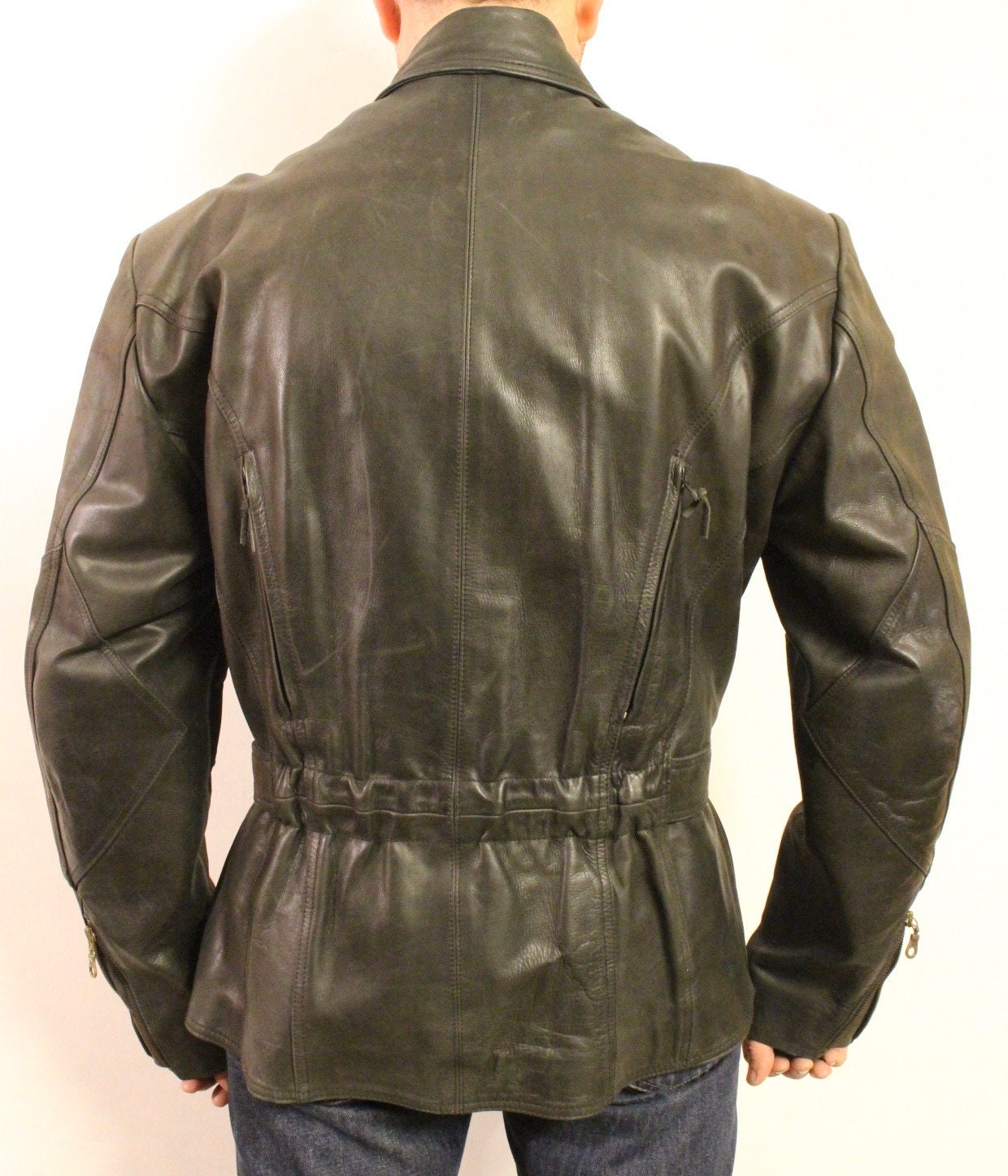 Vintage 80s motorcycle jacket. Gunmetal grey real leather biker. 40s design with back padding and vents. BNWOT