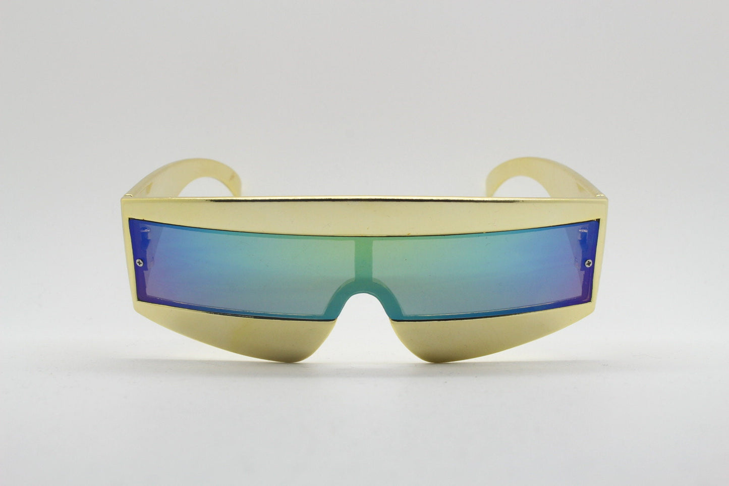 Y2K vintage square visor sunglasses. Gold 80s style robot shield design. Mirror mask mono lens with full height arms. 2000s NOS BNWT