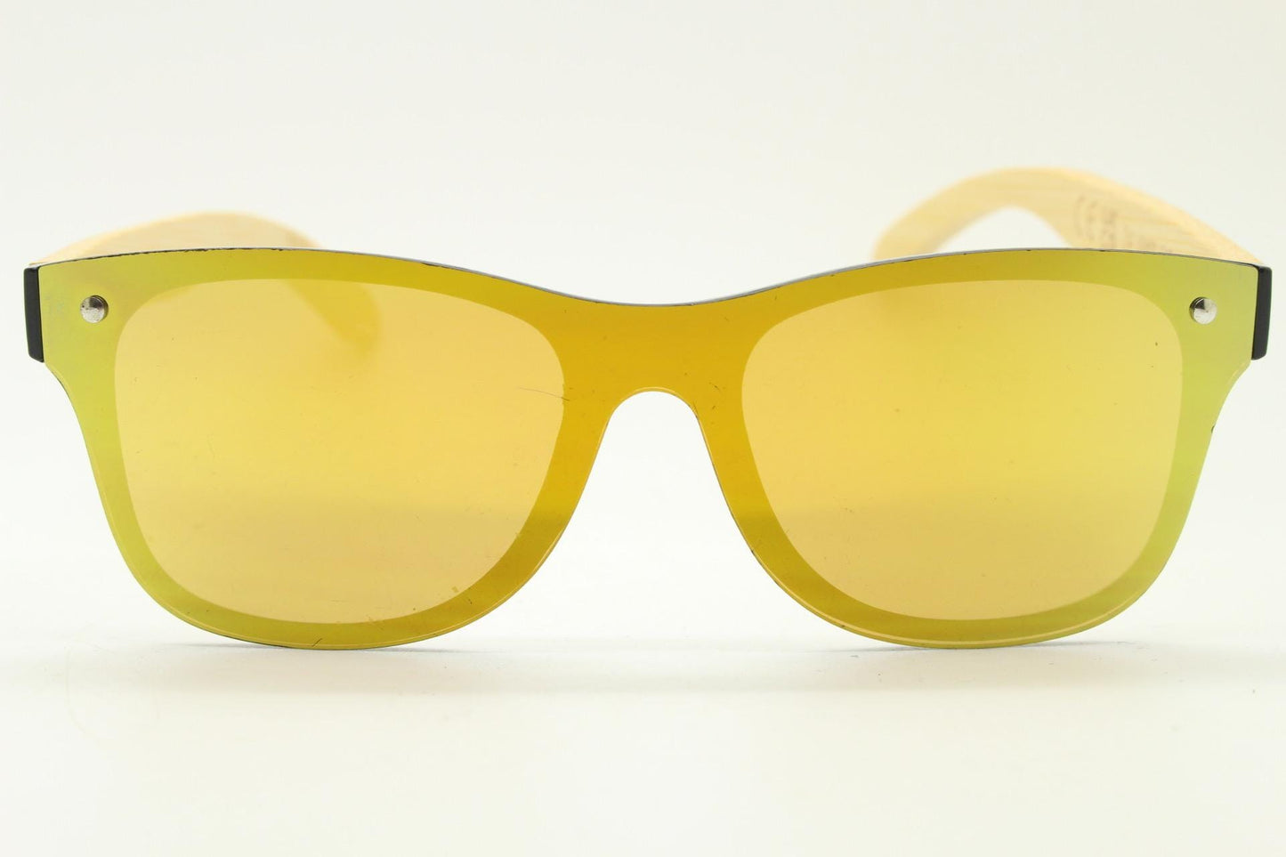 Modified wayfarer design mono lens sunglasses. Gold mirror flat front with beige real wooden arms. Unused NOS