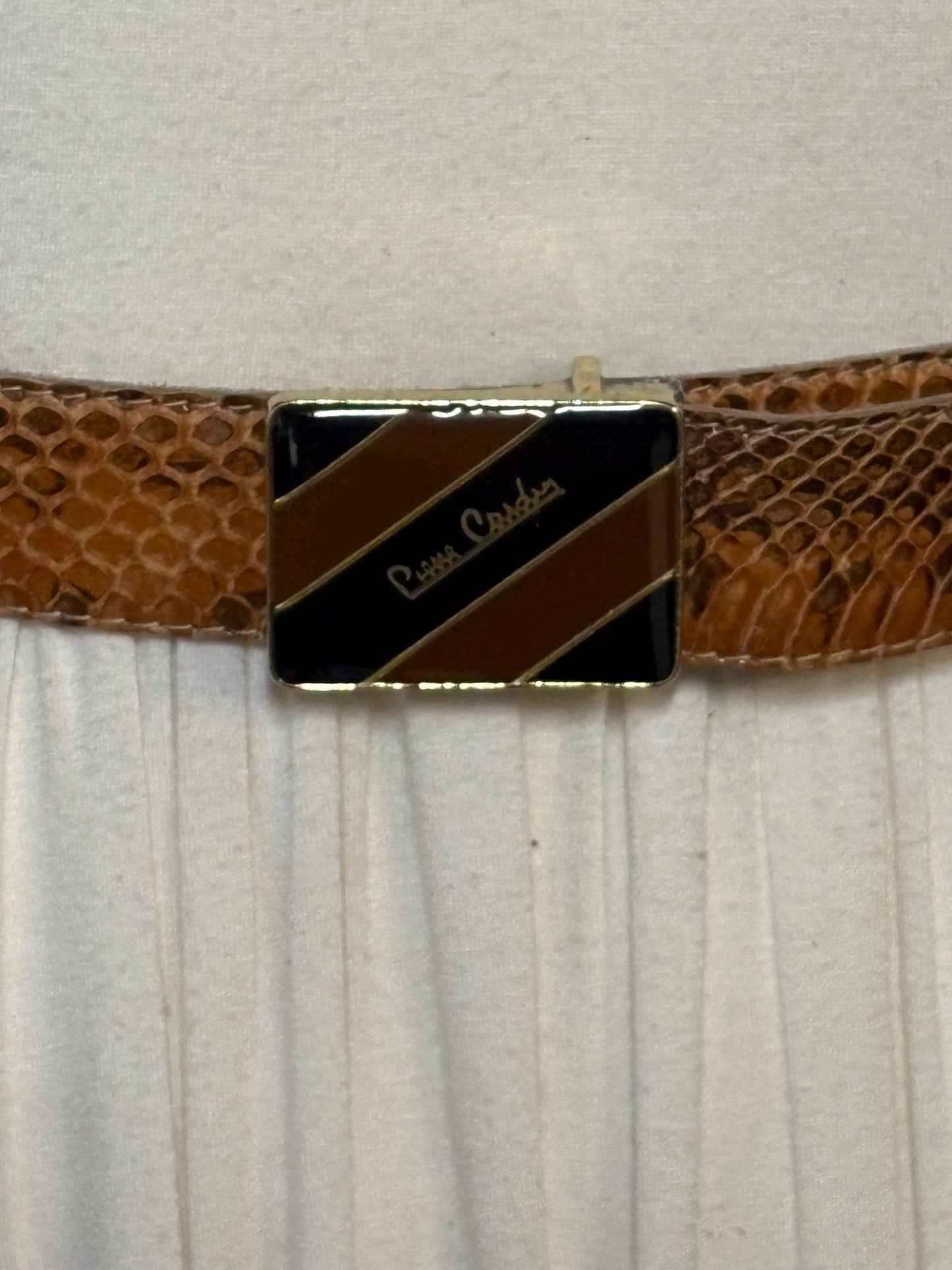 Pierre Cardin 80s vintage belt in genuine snakeskin with neat sized rectangular enamelled black and brown striped buckle. Made in Italy