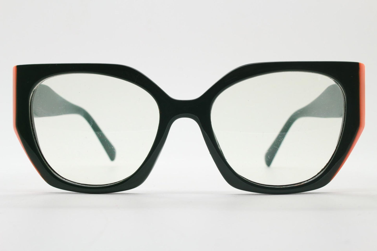 Sharp angled flat top  cat eye glasses. Refined green cateye optical frame with bright orange side sections. Prescription RX Spectacles