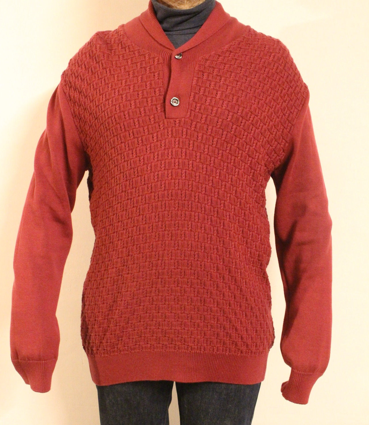 Gabicci vintage waffle knit pullover jumper with small buttoned shawl collar. Mens red sweater. Size XL. NOS clearance item -rrp 80 GBP