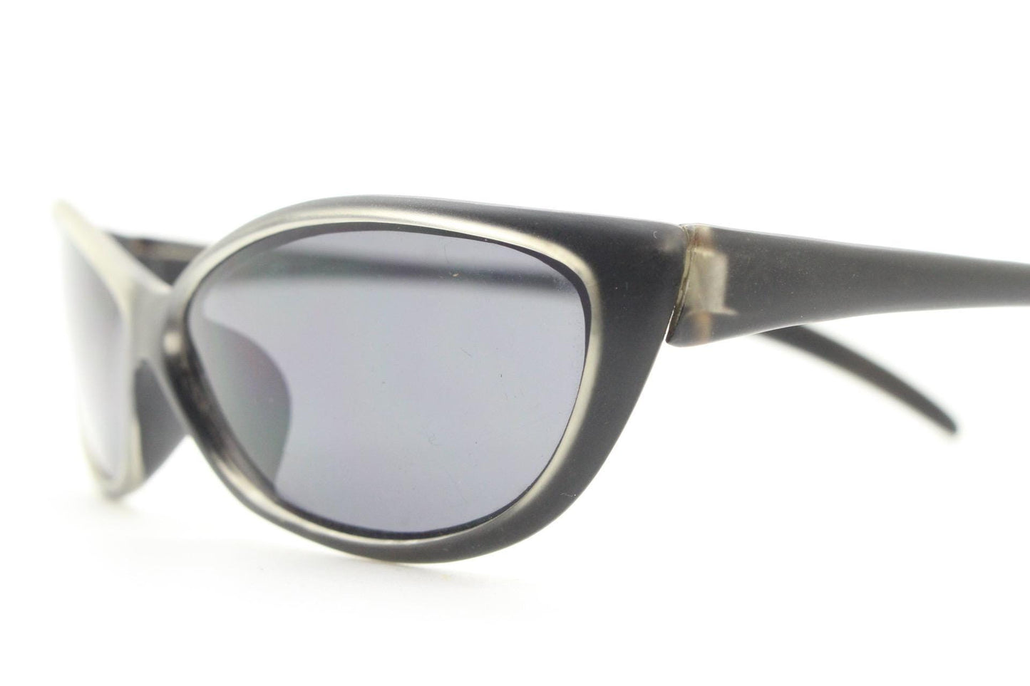 90s vintage curved wraparound sunglasses. Aerodynamic low profile transparent grey frosted frame. Minimal sporty shield design. NOS