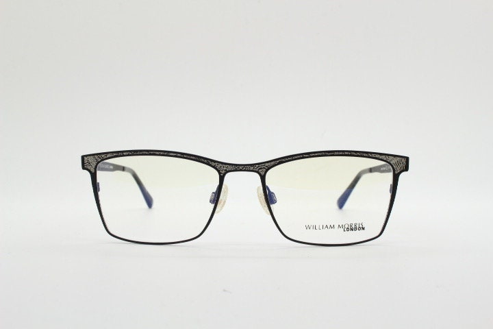 William Morris London rectangular eye glasses. Black matt flat metal optical frames with ornate silver pattern. Prescription RX eyeglasses.