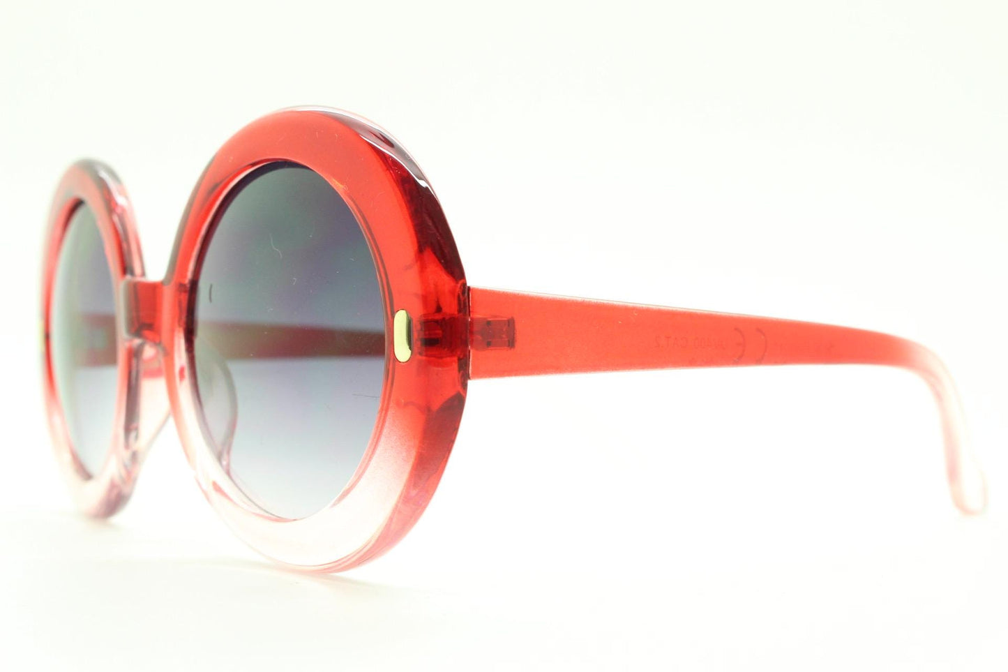 Y2k vintage oversized round sunglasses. Women's big 60s mod design transparent red to clear ombre frame with smoky black lenses. Unused BNWT